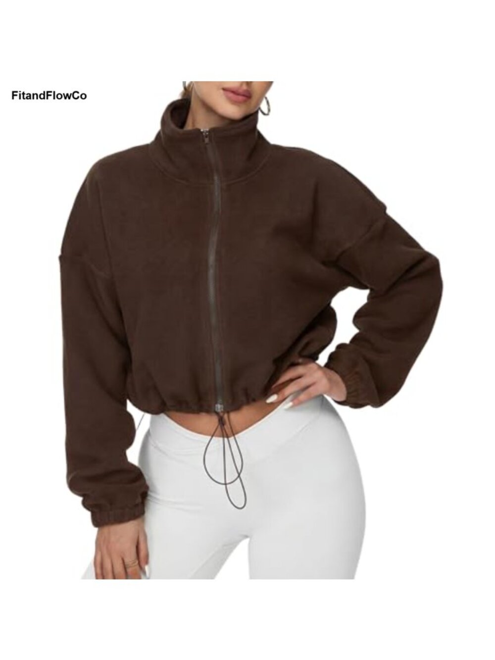 Women Cropped Fleece Jacket Full Zip Sherpa Fuzzy Coat Stand Collar